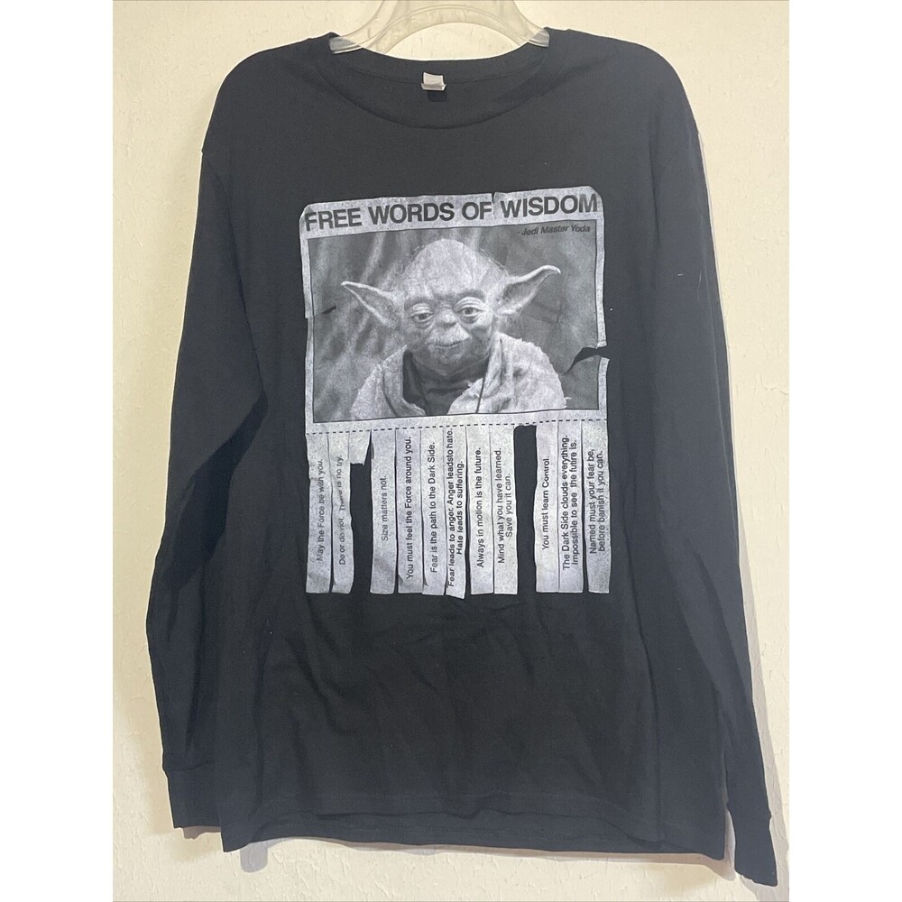 Star Wars Yoda T-Shirt Men's Black M Graphic Free Words of Wisdom LS Cotton